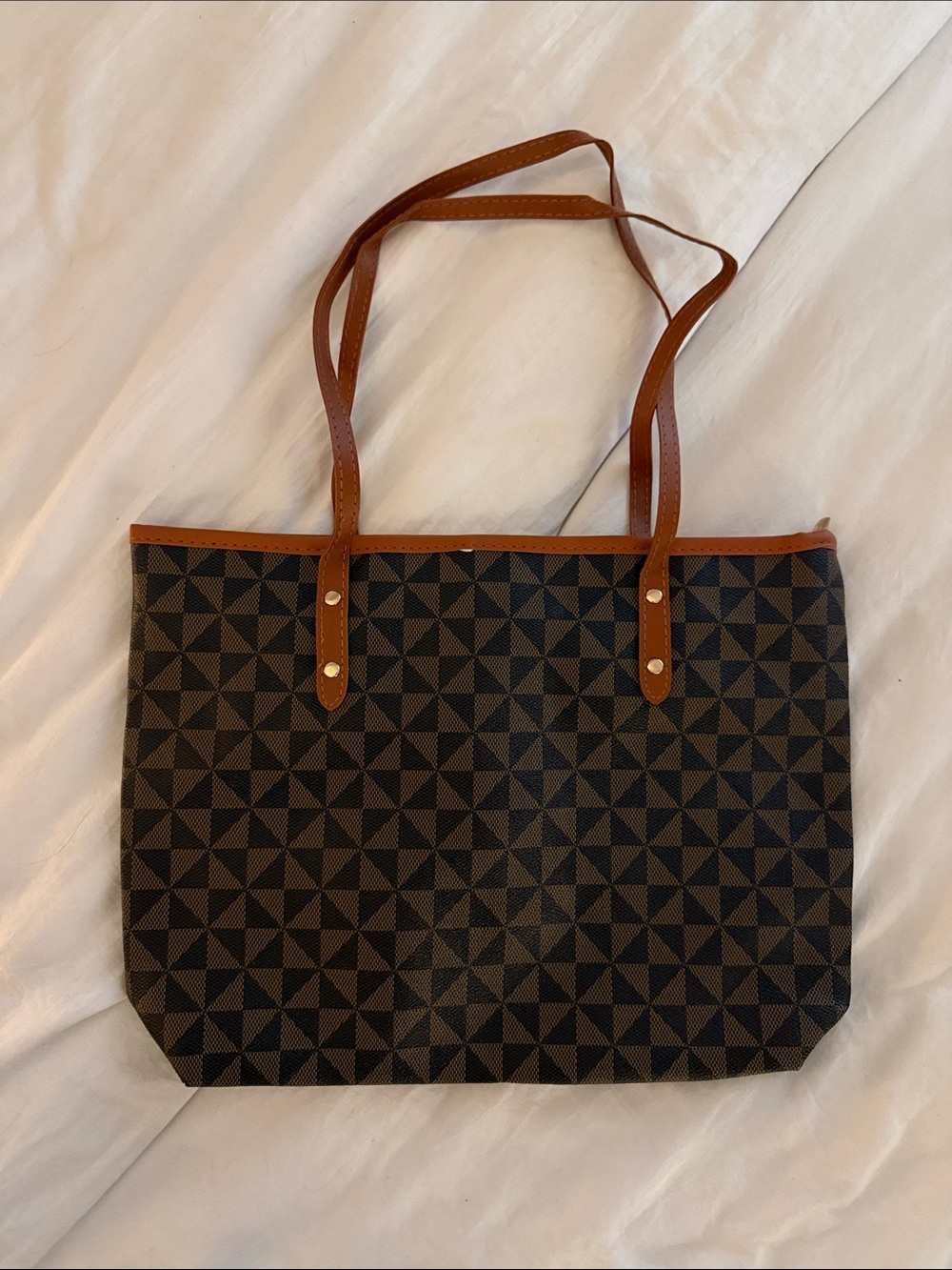 Canvas Geometric Tote Bag with Brown Trim